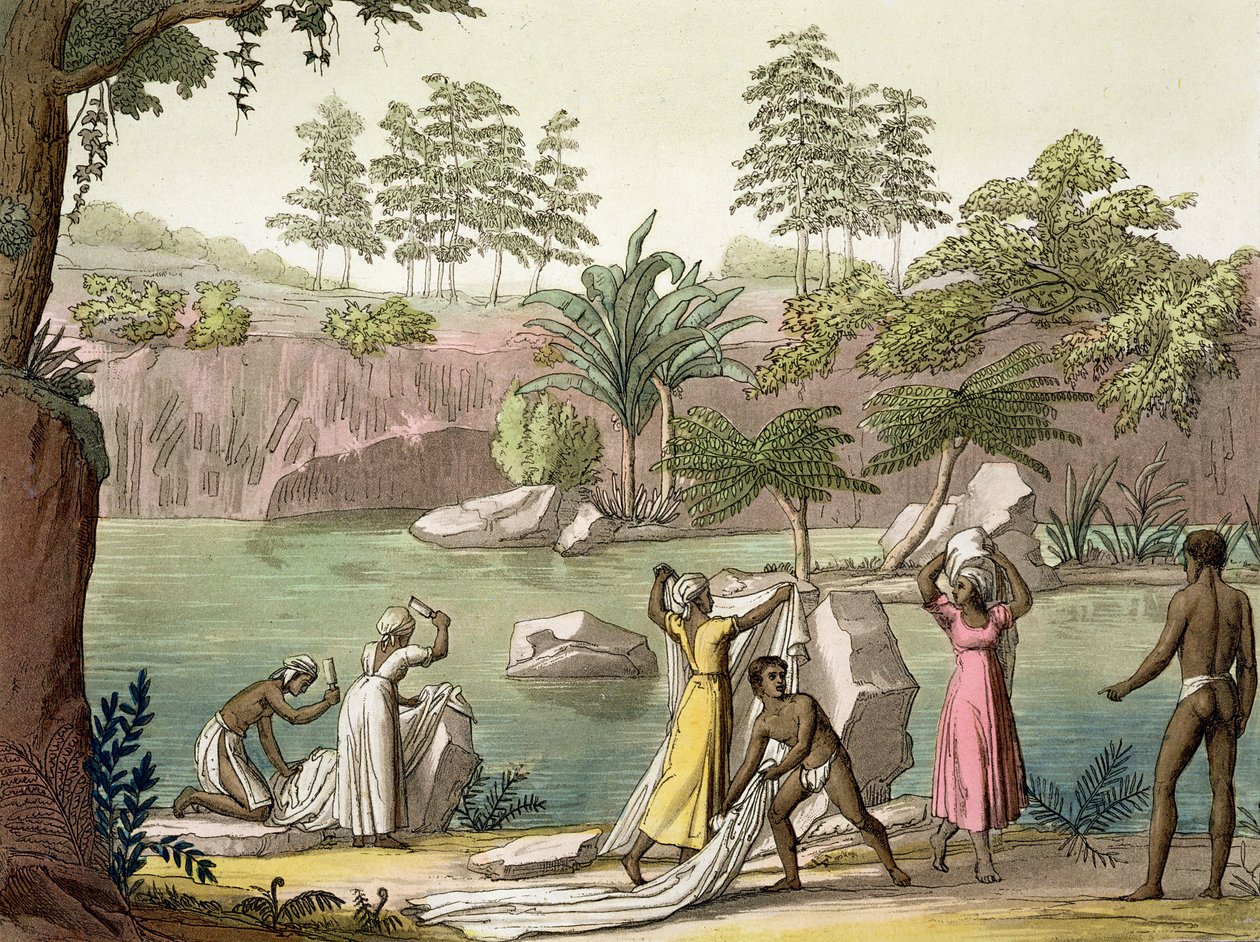 Rzeka w pobliżu San Benedetto, Madagaskar, tablica 81 z „Le Costume Ancien et Moderne” Julesa Ferrario, wydana ok. 1820-30 autorstwa Gallo Gallina