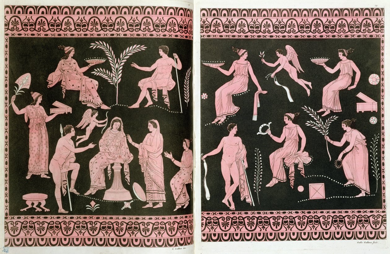 Scena wtajemniczenia w misteria eleuzyjskie, wzorowane na greckich wazach antycznych, z „Le Costume Ancien et Moderne” J. Ferrario, Mediolan, 1819 (kolorystyka) autorstwa Gallo Gallina
