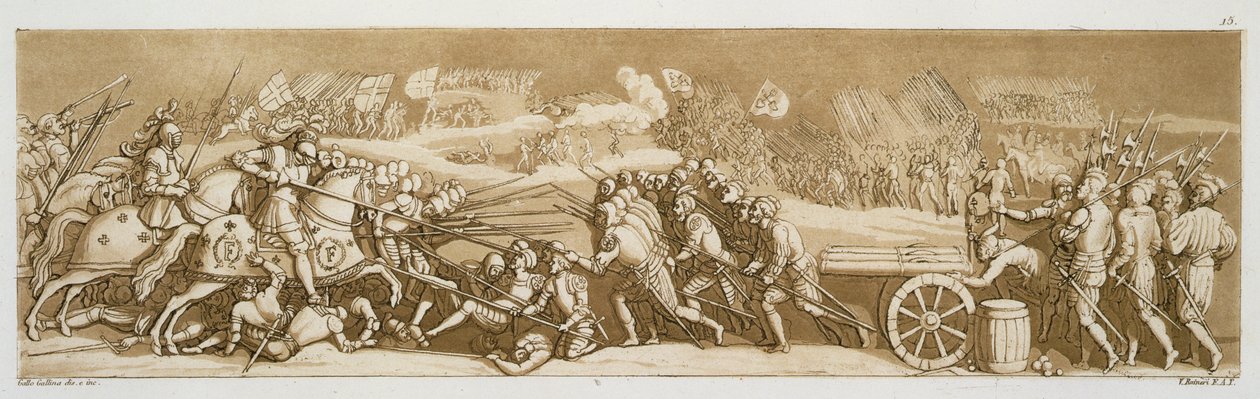 Bitwa pod Melegnano, 1515, płyta 15 z „Le Costume Ancien et Moderne” Julesa Ferrario, sztychowana przez Vittorio Raineri, wydana ok. 1820-30 autorstwa Gallo Gallina