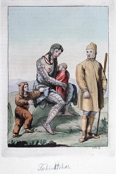 Para Czukczów z dziećmi, ilustracja z „Le Costume Ancien ou Moderne” Julesa Ferrario, wydanej w Mediolanie ok. 1820-30 (kolorowe grawerowanie) autorstwa Gallo Gallina