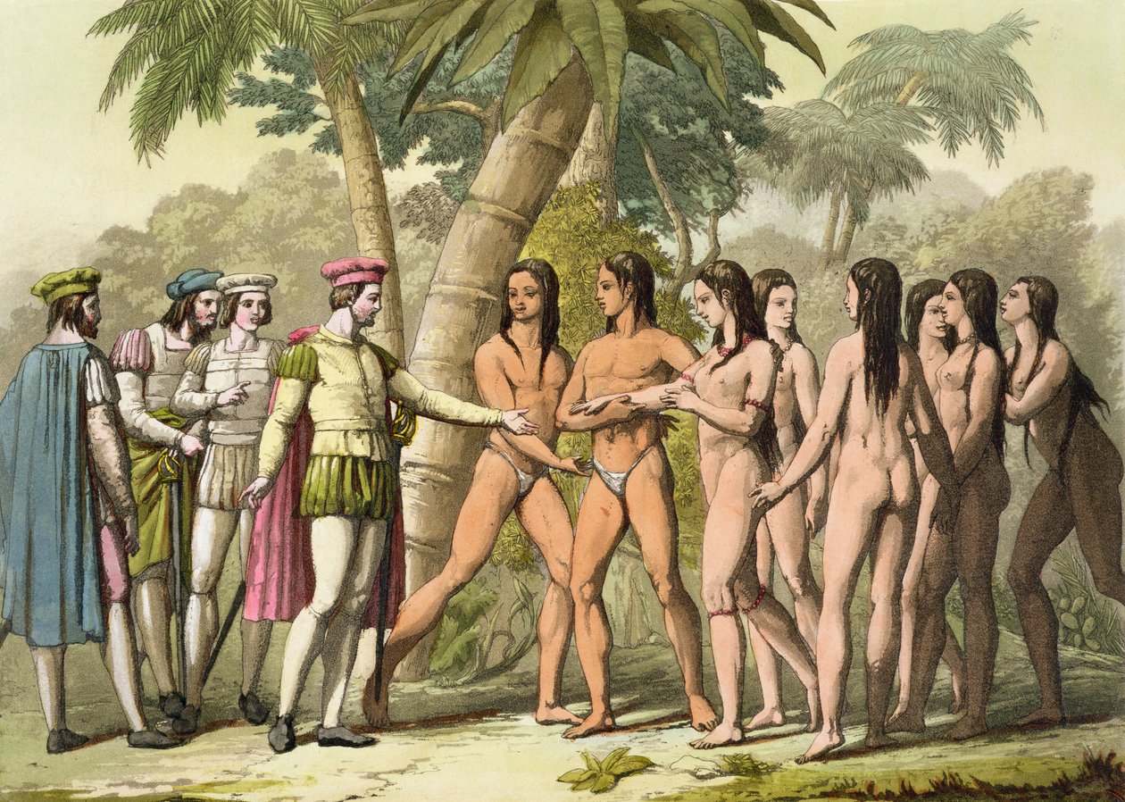 Krzysztof Kolumb (1451-1506) z Hernando Cortesem (1485-1547) Przyjmowanie w prezencie rdzennej Amerykanki, z „Le Costume Ancien et Moderne”, tom I, płyta 5, Jules Ferrario, wydana ok. 182 autorstwa Gallo Gallina