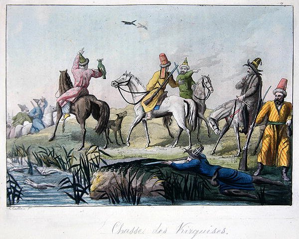 Myśliwi kirgiscy strzelający i polujący z sokołami, ilustracja z „Le Costume Ancien et Moderne” Julesa Ferrario, wydanej w Mediolanie ok. 1820-30 (kolorowe grawerowanie) autorstwa Gallo Gallina