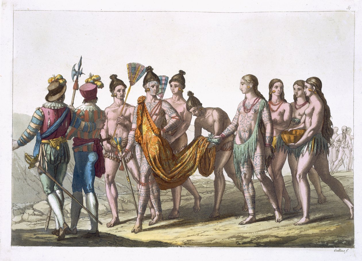 Native American Widows zwracają się do swojego szefa o pozwolenie na ponowne małżeństwo, płyta 57 z „Le Costume Ancien et Moderne” Julesa Ferrario, wydana ok. 1820-30 autorstwa Gallo Gallina