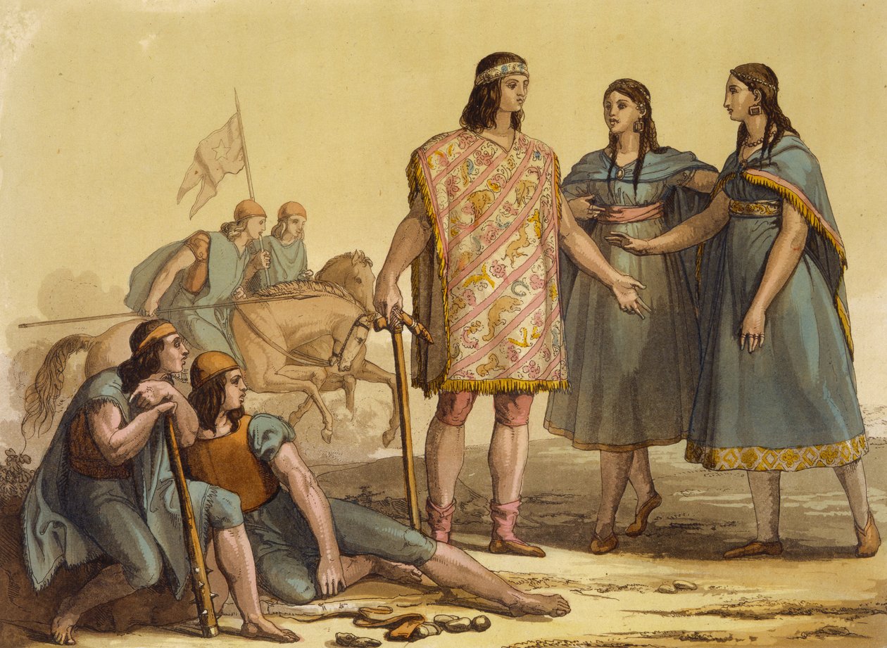 Rdzenni mieszkańcy plemienia Araucani, Argentyna, z Le Costume Ancien et Moderne, tom II, płyta 37, Jules Ferrario, wydana ok. 1820-30 autorstwa Gallo Gallina