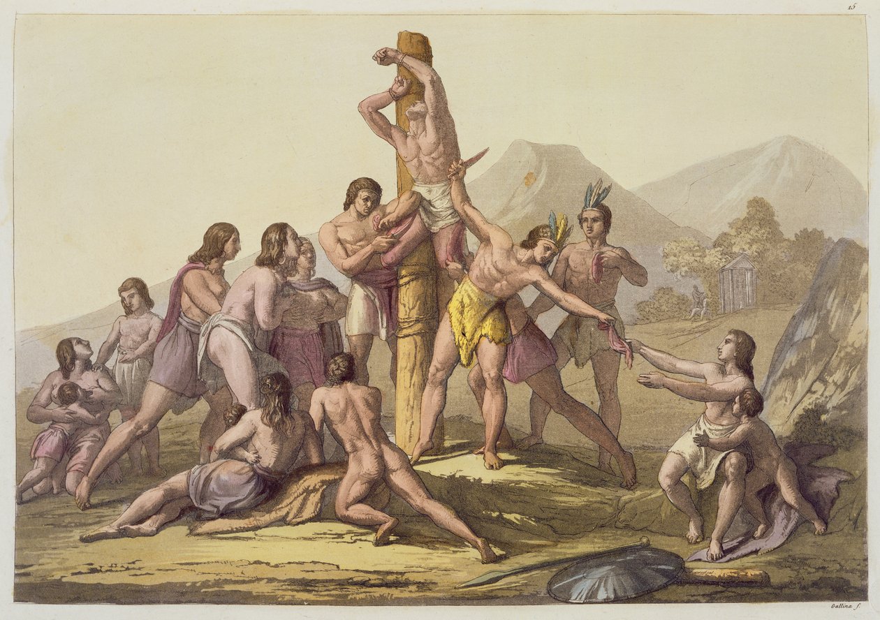 Peruwiańscy Indianie składający ofiarę, z „Le Costume Ancien et Moderne”, tom I, płyta 15, autor: Jules Ferrario, opublikowane ok. 1820-30 lat (litografia kolorowa) autorstwa Gallo Gallina