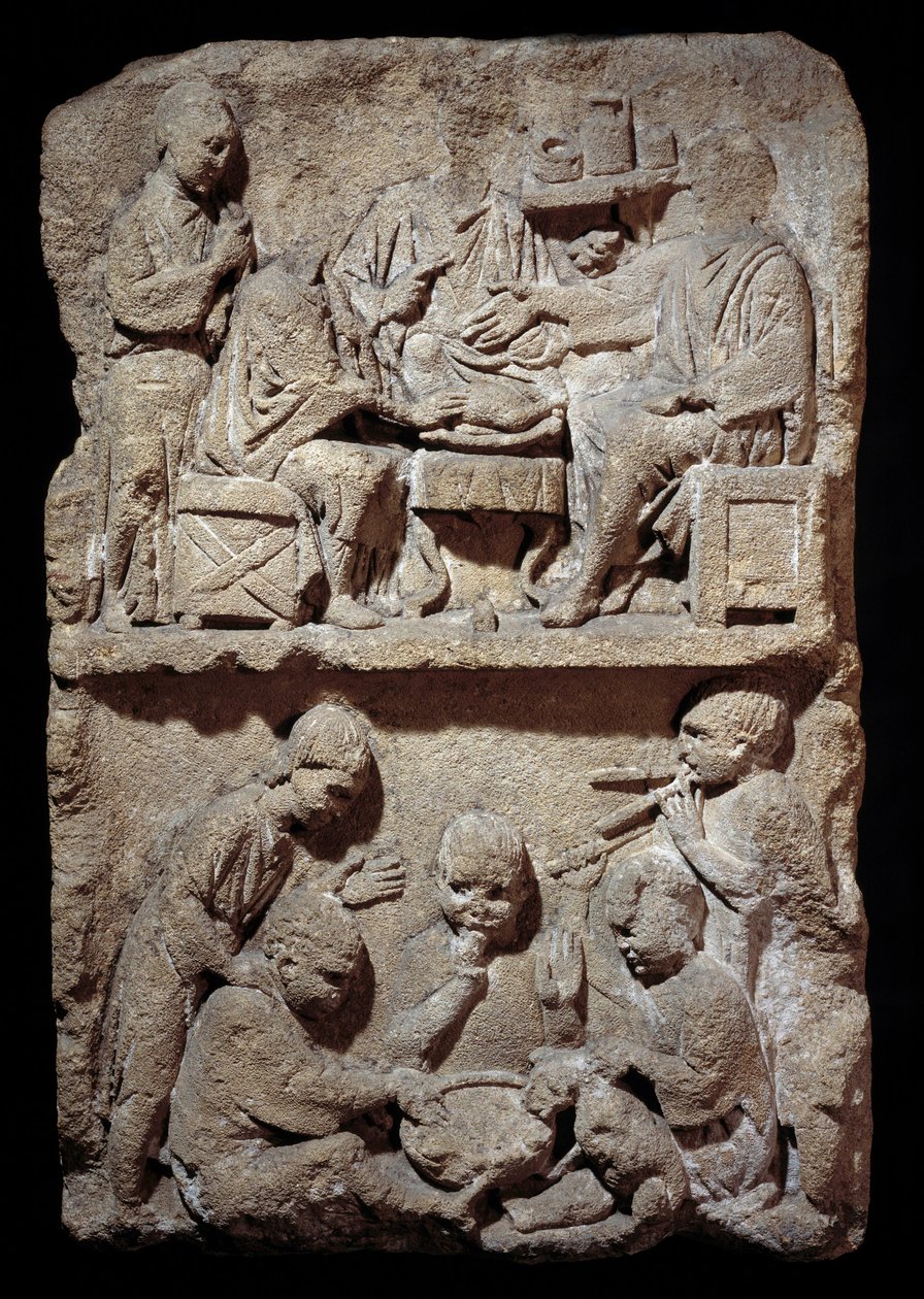 Art Gallo Romain: stela przedstawiająca scenę posiłków i zabaw dla dzieci. 50 p.n.e.-100 n.e. Metz. Muzeum Sztuk Pięknych autorstwa Gallo Roman