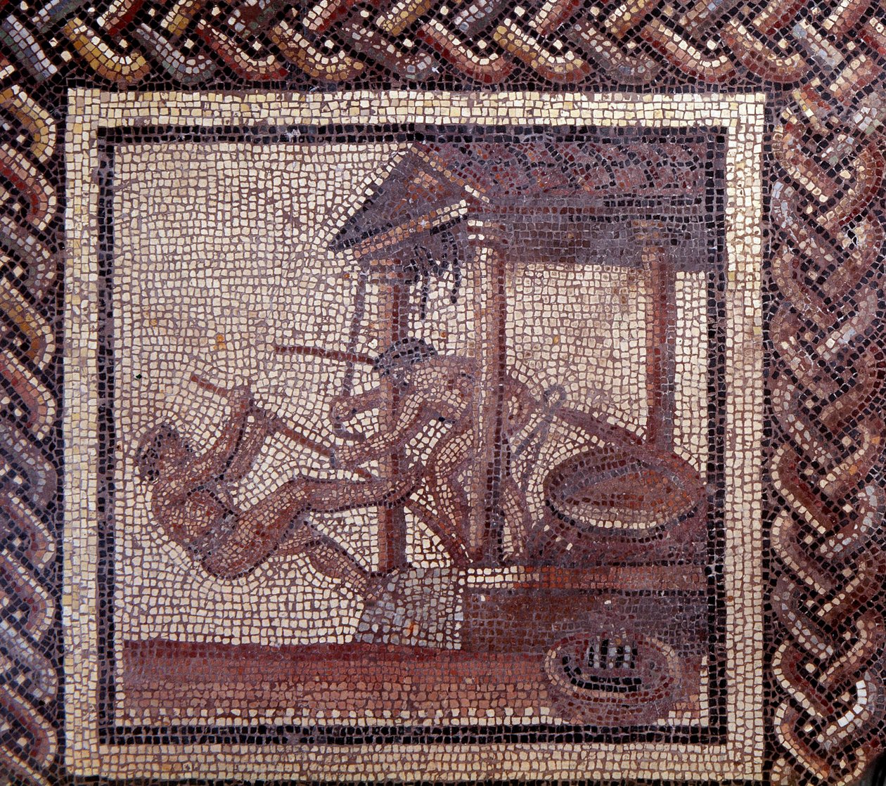 Gallo Roman Art: mozaika przedstawiająca rustykalny kalendarz. Prasa olejowa. Koniec II, początek III wieku po JC. Z Saint-Romain-en-Gal (Rhone). Saint Germain en Laye, Narodowe Muzeum Archeologiczne autorstwa Gallo Roman