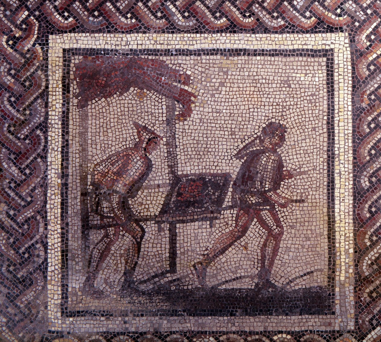 Gallo Roman Art: mozaika przedstawiająca rustykalny kalendarz. Scena transportu obornika. Koniec II, początek III wieku po JC. Z Saint-Romain-en-Gal (Saint Romain en Gal, Rodan). Saint Germain en Laye, Narodowe Muzeum Archeologiczne autorstwa Gallo Roman