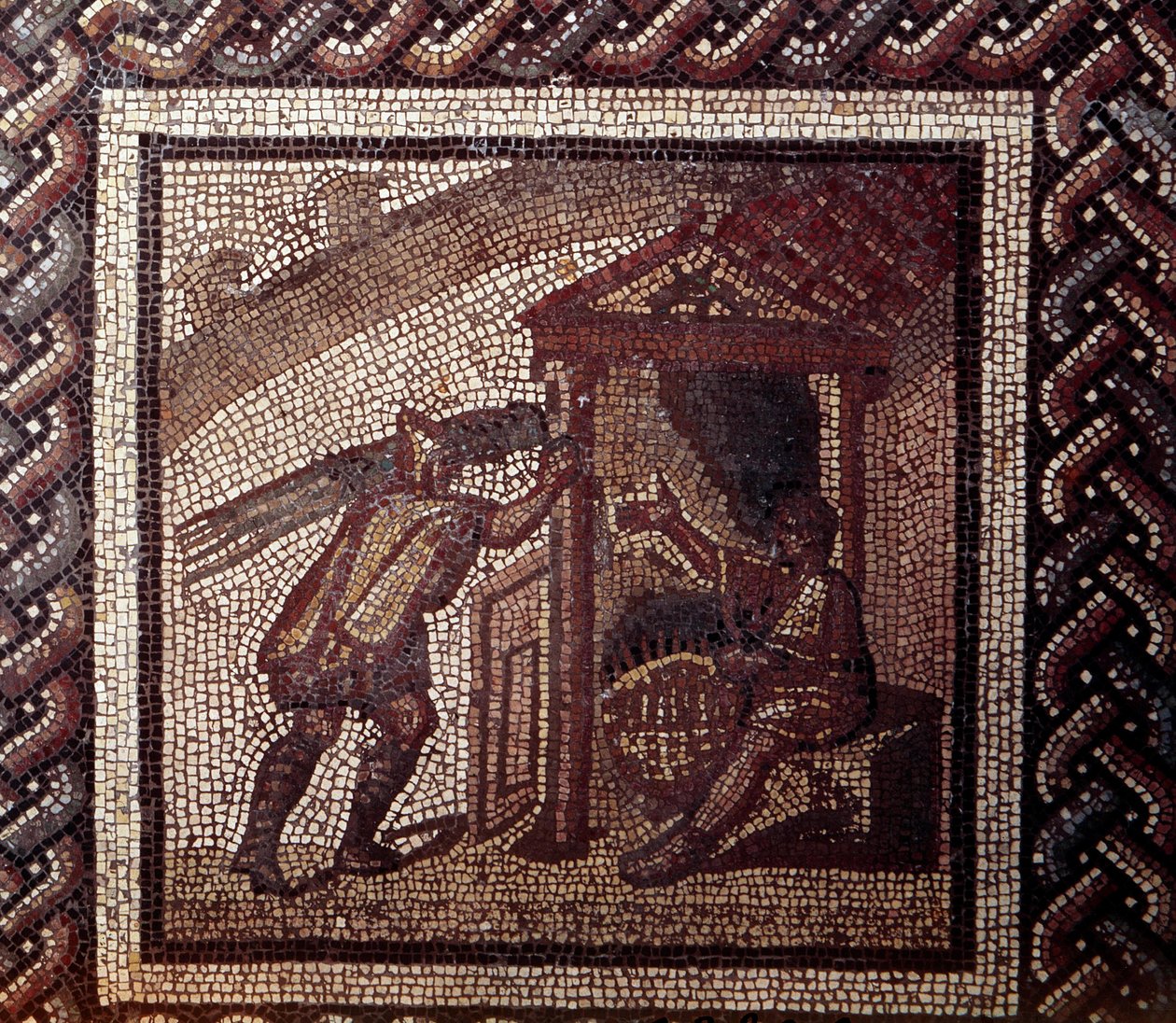 Gallo Roman Art: mozaika przedstawiająca rustykalny kalendarz. Kosze z wikliny i plecionki. Koniec II, początek III wieku po JC. Z Saint-Romain-en-Gal (Rhone). Saint Germain en Laye, Narodowe Muzeum Archeologiczne autorstwa Gallo Roman