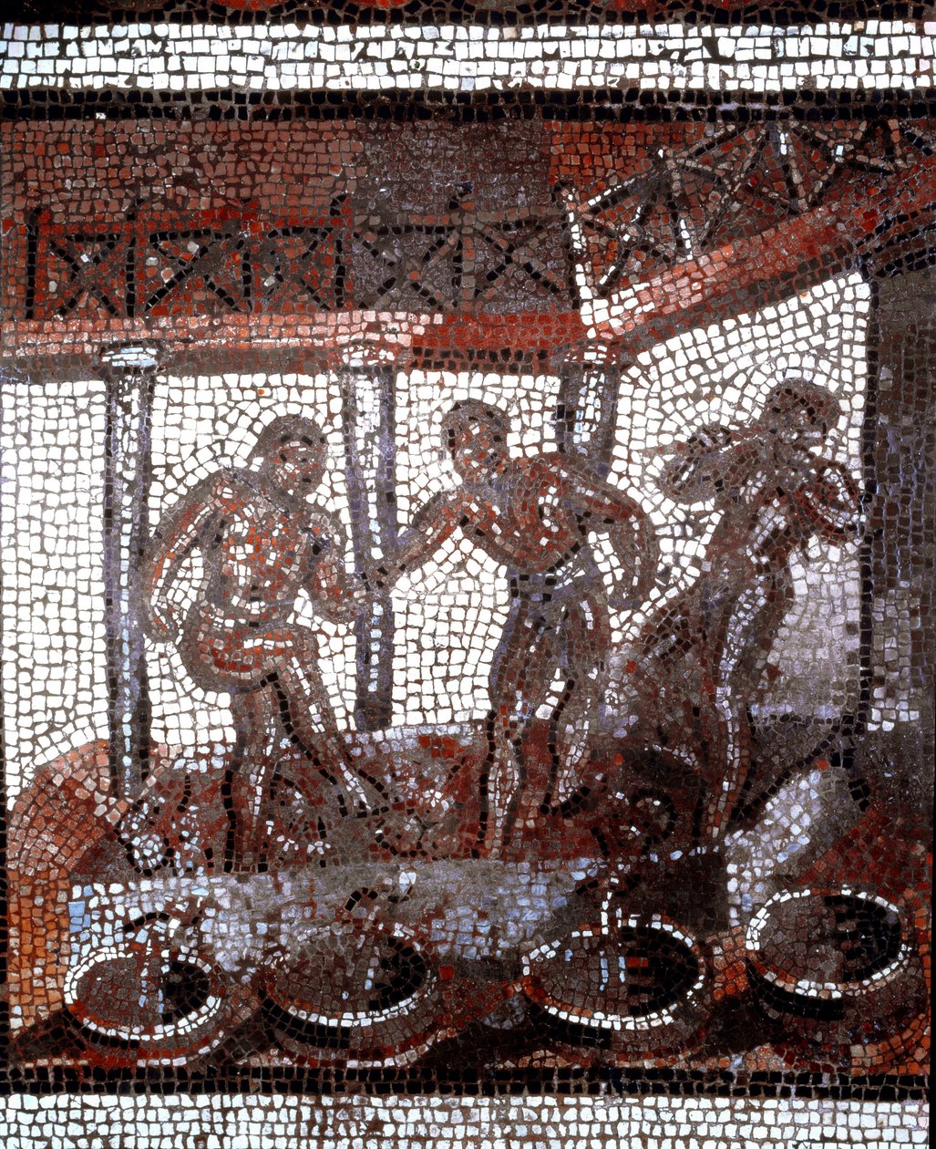 Scena stąpania winogron w kadzi. (mozaika, koniec II, początek III w.) autorstwa Gallo Roman