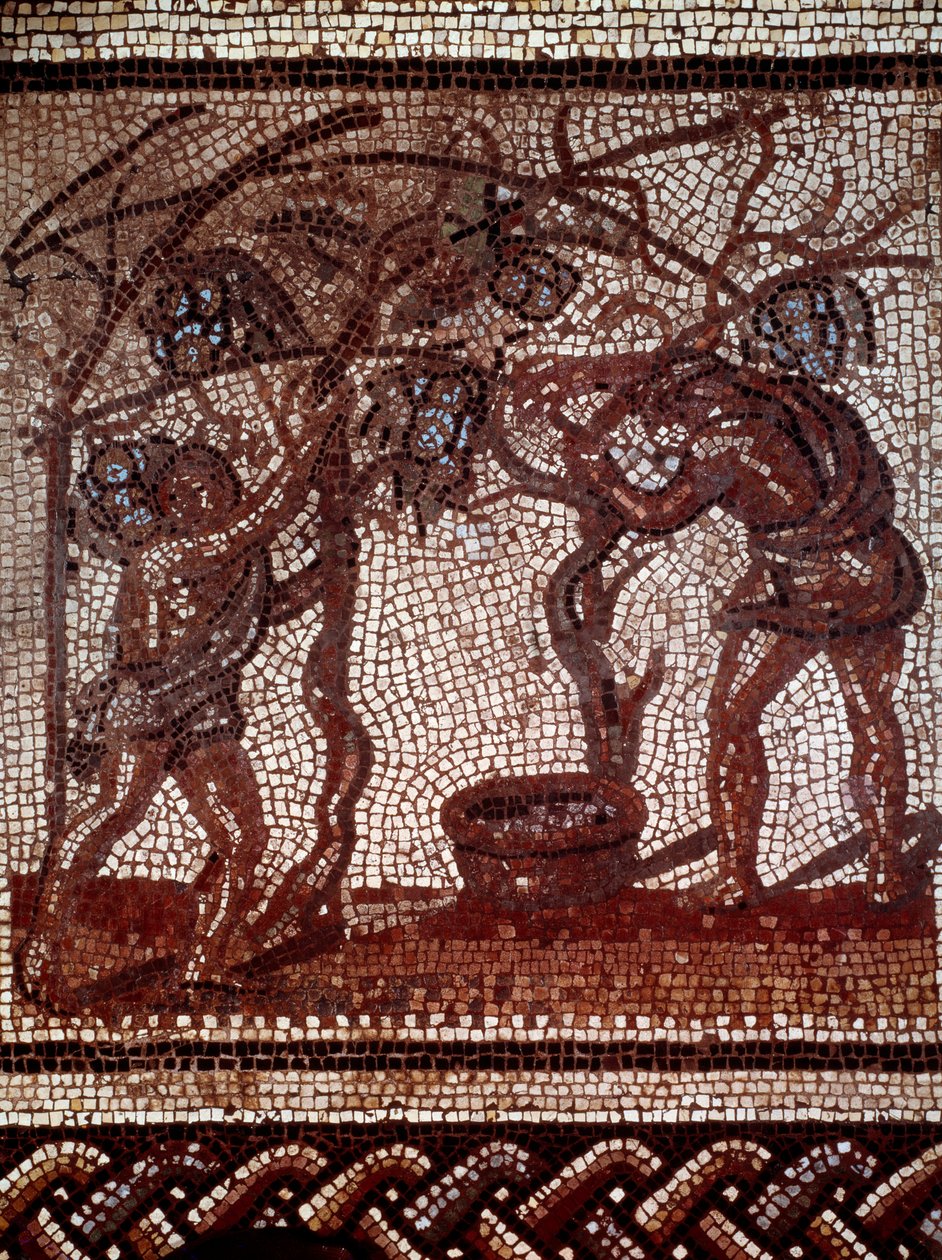 Sztuka Galloromain: jesień: zbieranie jabłek i zbiory. Mozaika przedstawiająca rustykalny kalendarz z Saint Romain en Gal. Koniec II-początku III wieku. Saint Germain en Laye, Muzeum Starożytności autorstwa Gallo Roman Gallo Roman