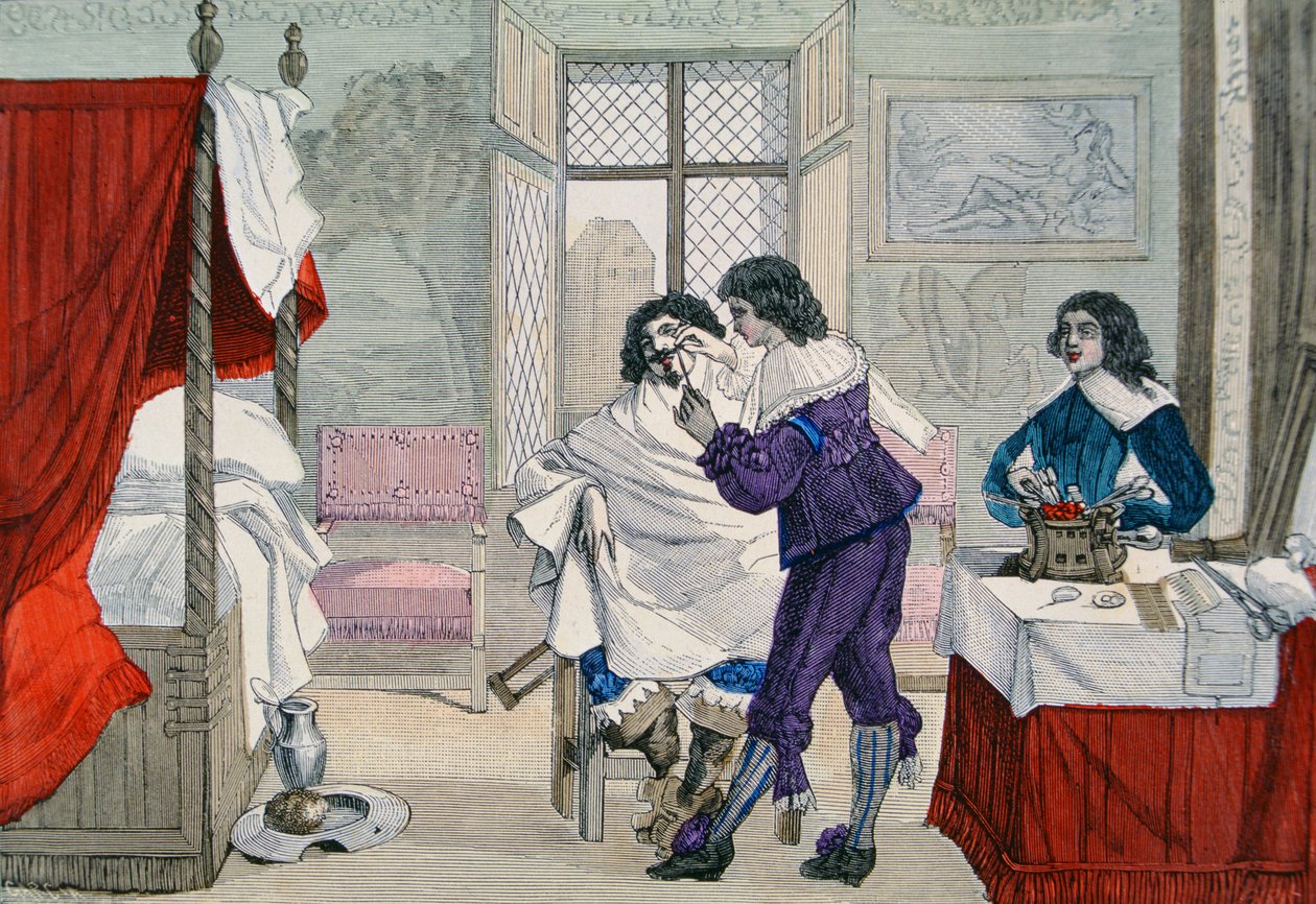 Wnętrze zakładu fryzjerskiego z czasów Ludwika XIII (1601-43) z „Costumes de Paris a Travers les Siecles” wyd. Roy, opublikowany 1887 (kolor grawerowany) autorstwa Garcia