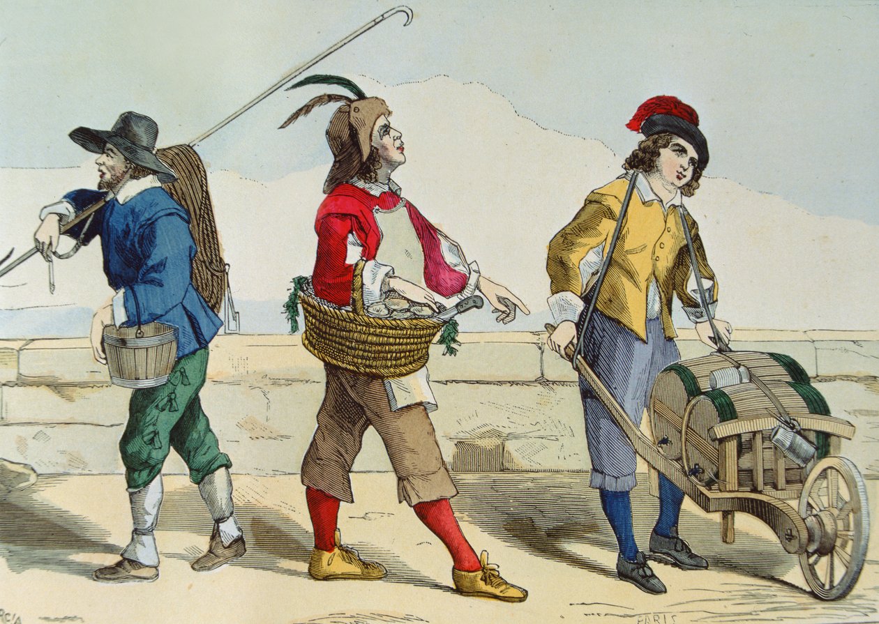 Oczyszczacz studni, sprzedawca ostryg i sprzedawca octu w czasach Ludwika XIII (1601–43), z „Costumes de Paris a Travers les Siecles” wyd. Roy, opublikowany 1887 (kolor grawerowany) autorstwa Garcia