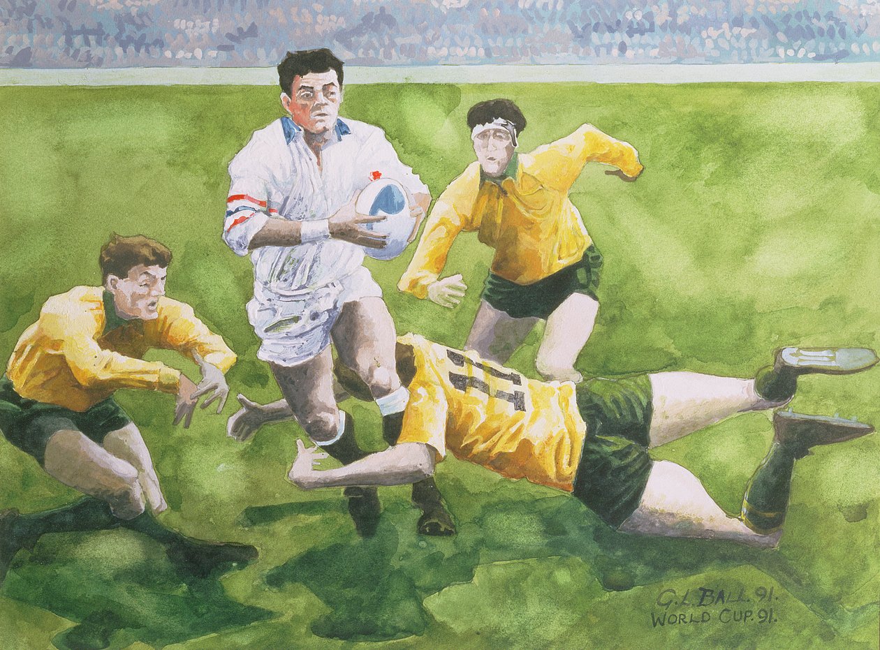 Mecz rugby: Anglia – Australia w finale Pucharu Świata, 1991, walka z Willem Carlingiem (mc) autorstwa Gareth Lloyd Ball