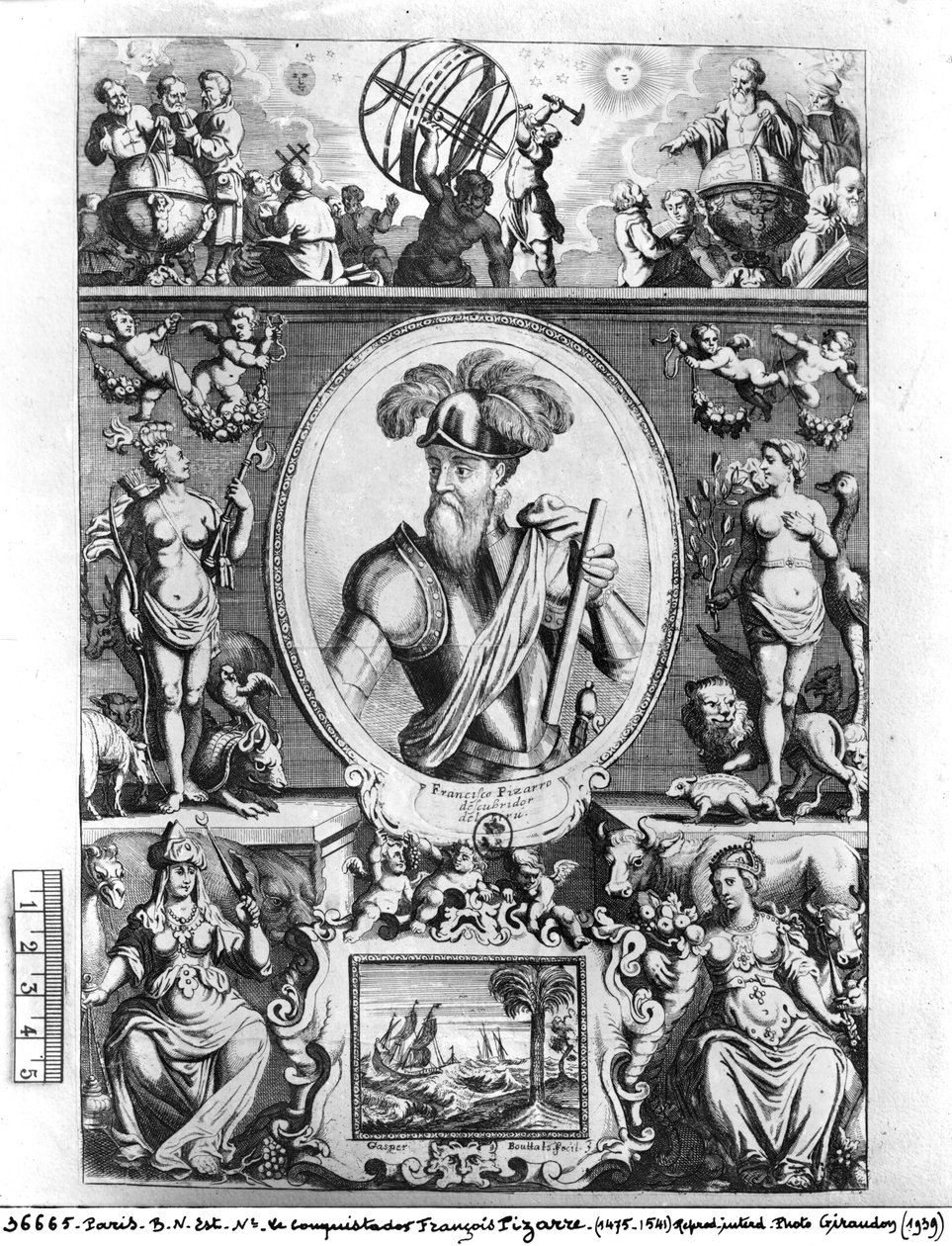 Portret Francisco Pizarro (1475-1541) z alegorycznymi postaciami autorstwa Gaspar Bouttats
