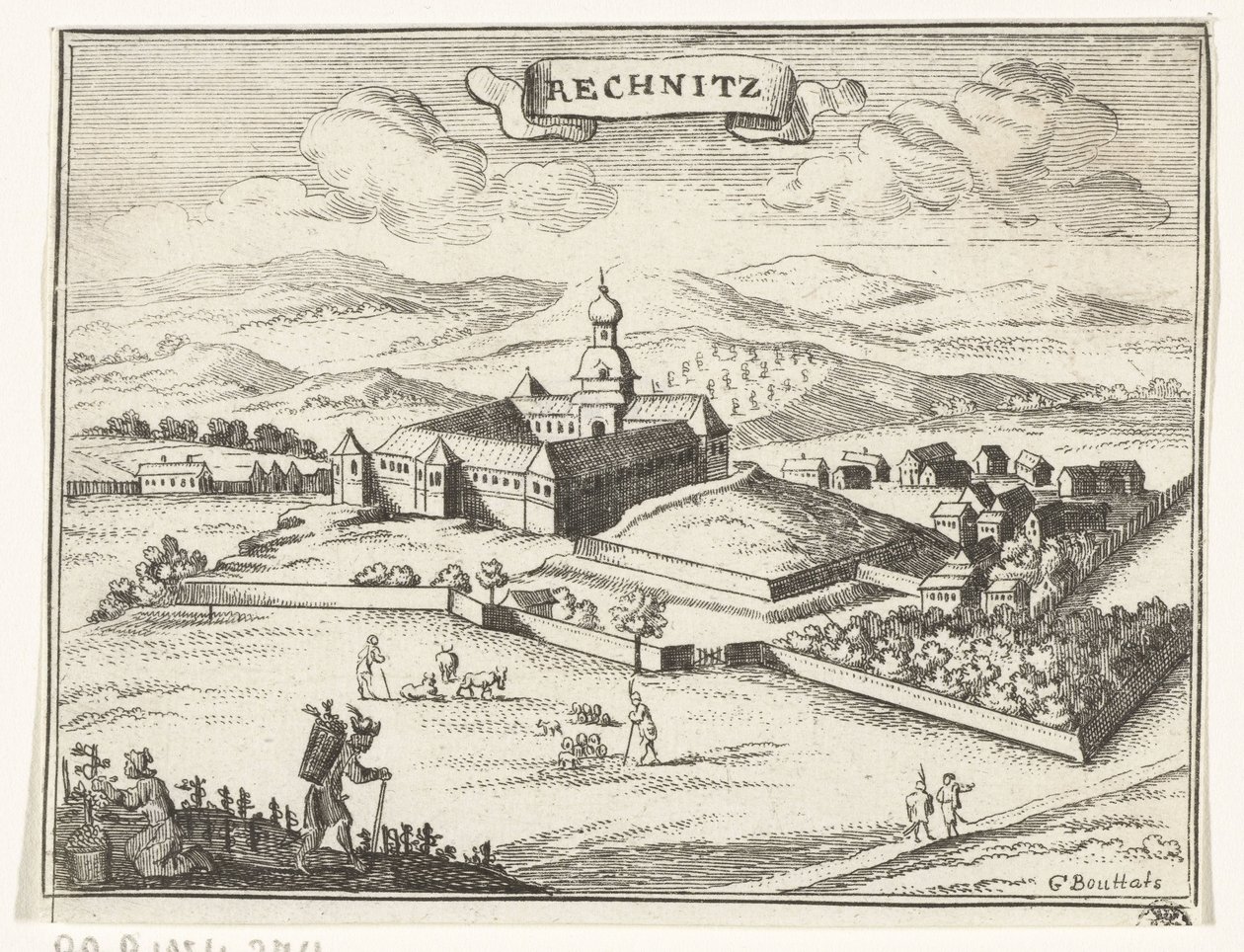 Widok na Rechnitz Obrazy topograficzne Austrii, Węgier i Bałkanów (tytuł serii) Krótki opis i aen-wysinghe der placeen in desen boeck, z ich słowami teghen, stojącymi, trafnie uyt-ghebeldt, w Oostenryck (ser autorstwa Gaspar Bouttats