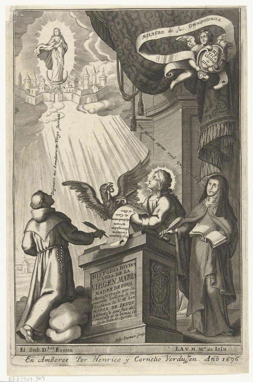 Dziewica Maryja zostaje porwana do królestwa niebieskiego Historia divina y vida de la Virgen maria (tytuł na obiekcie) autorstwa Gaspar Bouttats
