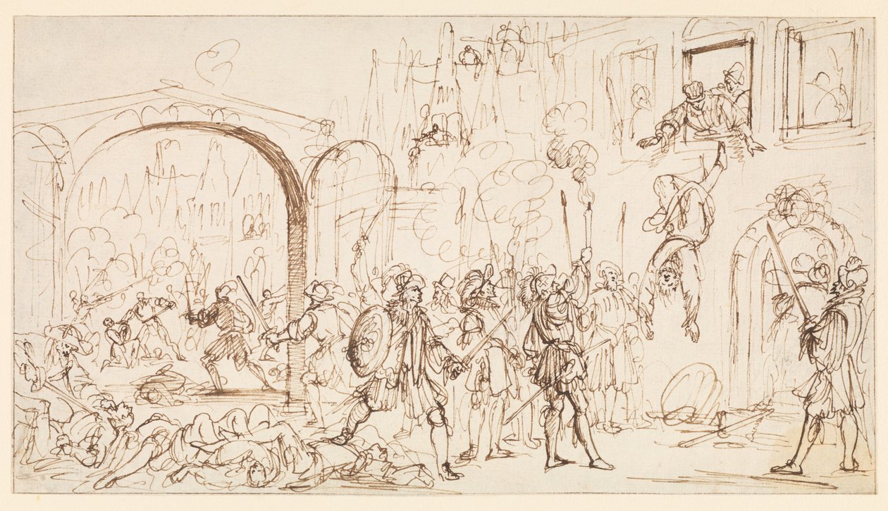 Masakra w dniu św. Bartłomieja, ok. 1686 (czarna kreda, długopis i brązowy tusz na papierze wykładanym, z brązowymi liniami obramowania) autorstwa Gaspar Bouttats