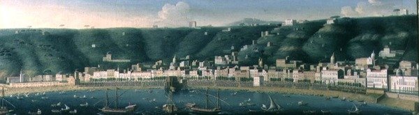Widok Neapolu od strony morza z Castel dellOvo i przedmieściami Chiaia, 1731 autorstwa Gaspar Butler