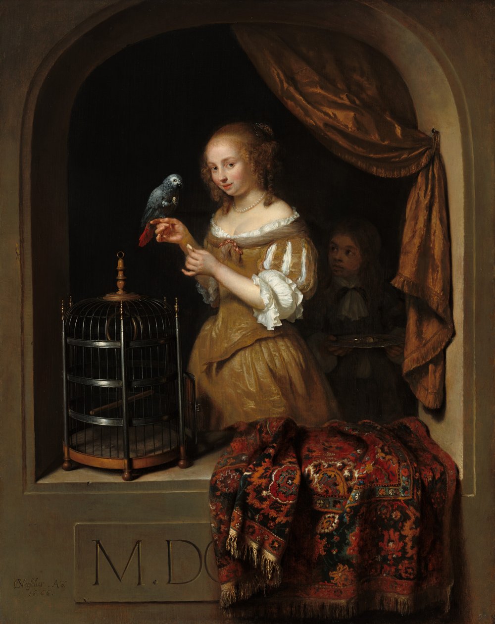 Kobieta karmiąca papugę ze stronicą, 1666. autorstwa Gaspar Netscher