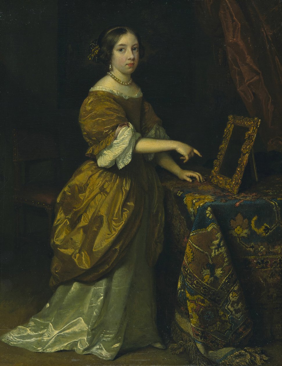 Dziewczyna stojąca przed lustrem, 1668. autorstwa Gaspar Netscher