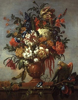Martwa natura z kwiatami w urnie z czerwoną papugą autorstwa Gaspar Pieter II Verbruggen