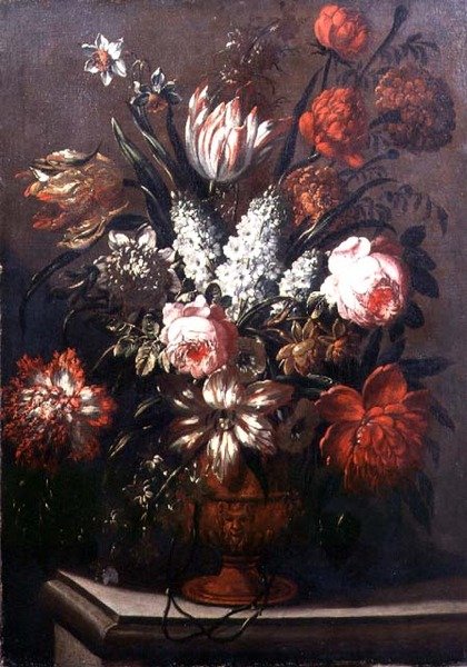 Martwa natura z tulipanów, piwonii, żonkili i innych kwiatów (olej na płótnie) autorstwa Gaspar Pieter II Verbruggen