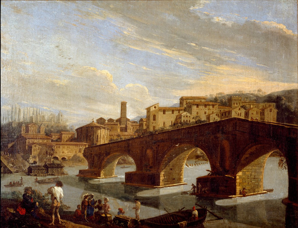 Widok Tybru na wysokości mostu łamanego w Rzymie Obraz Gaspare Vanvitelli (Gaspar van Wittel, Caspar Van Vitelli) (1653-1736) Wymiary 39,5x51 cm Mediolan, Galleria d