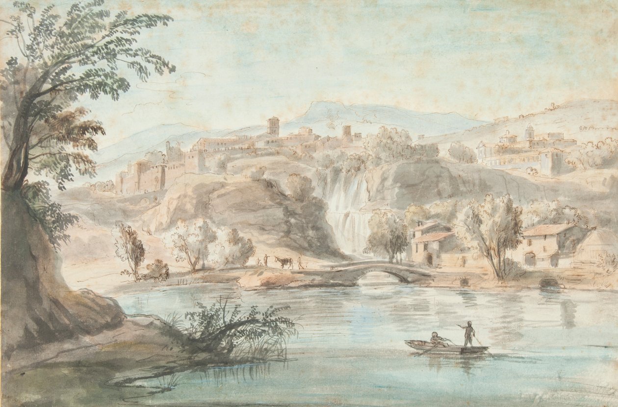 Krajobraz w Tivoli, 1701-10 (długopis, brązowy tusz i kolorowe rozmycia na papierze) autorstwa Gaspar van Wittel