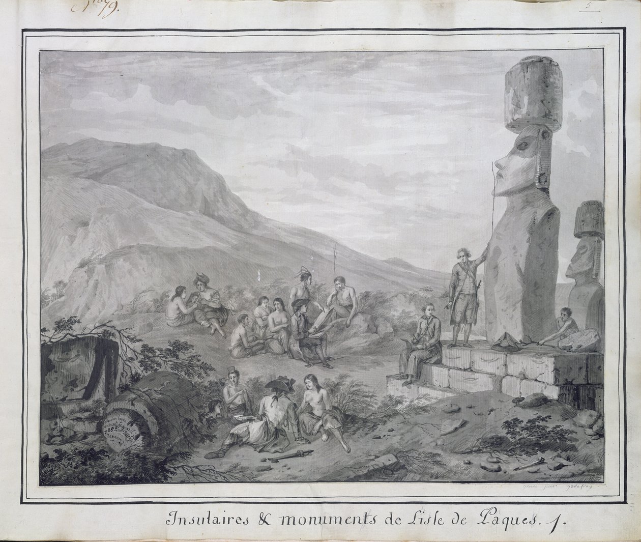 Wyspiarze i zabytki Wyspy Wielkanocnej, 1786 (wc i tusz na papierze) (zob. też BAL 72648) autorstwa Gaspard Duche de Vancy