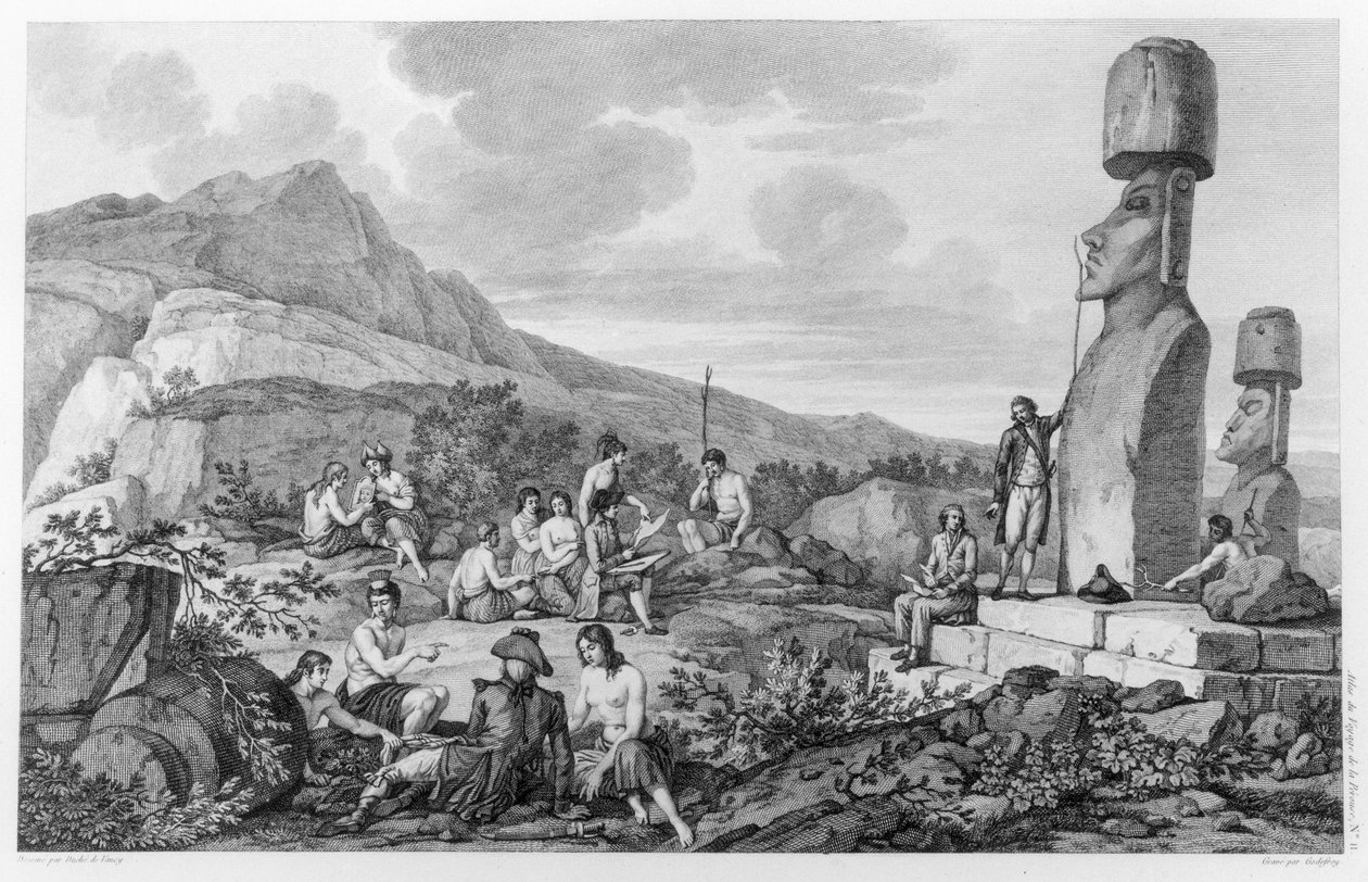 Wyspiarze i pomniki Wyspy Wielkanocnej, tablica 11 z Atlas de Voyage de La Perouse, 1785-88 autorstwa Gaspard Duche de Vancy