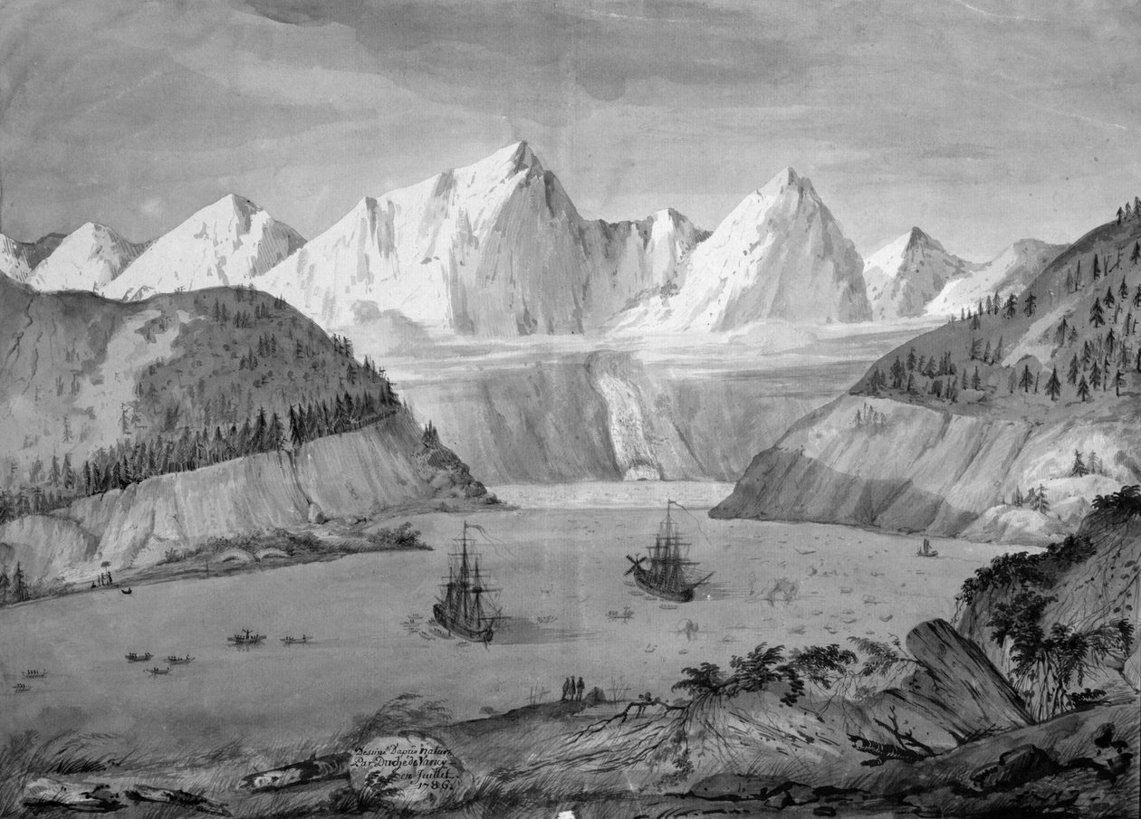 Le Port des Francais, Alaska, z „Voyage de La Perouse”, lipiec 1786 (pióro i tusz i pranie na papierze) (patrz także 375728) autorstwa Gaspard Duche de Vancy