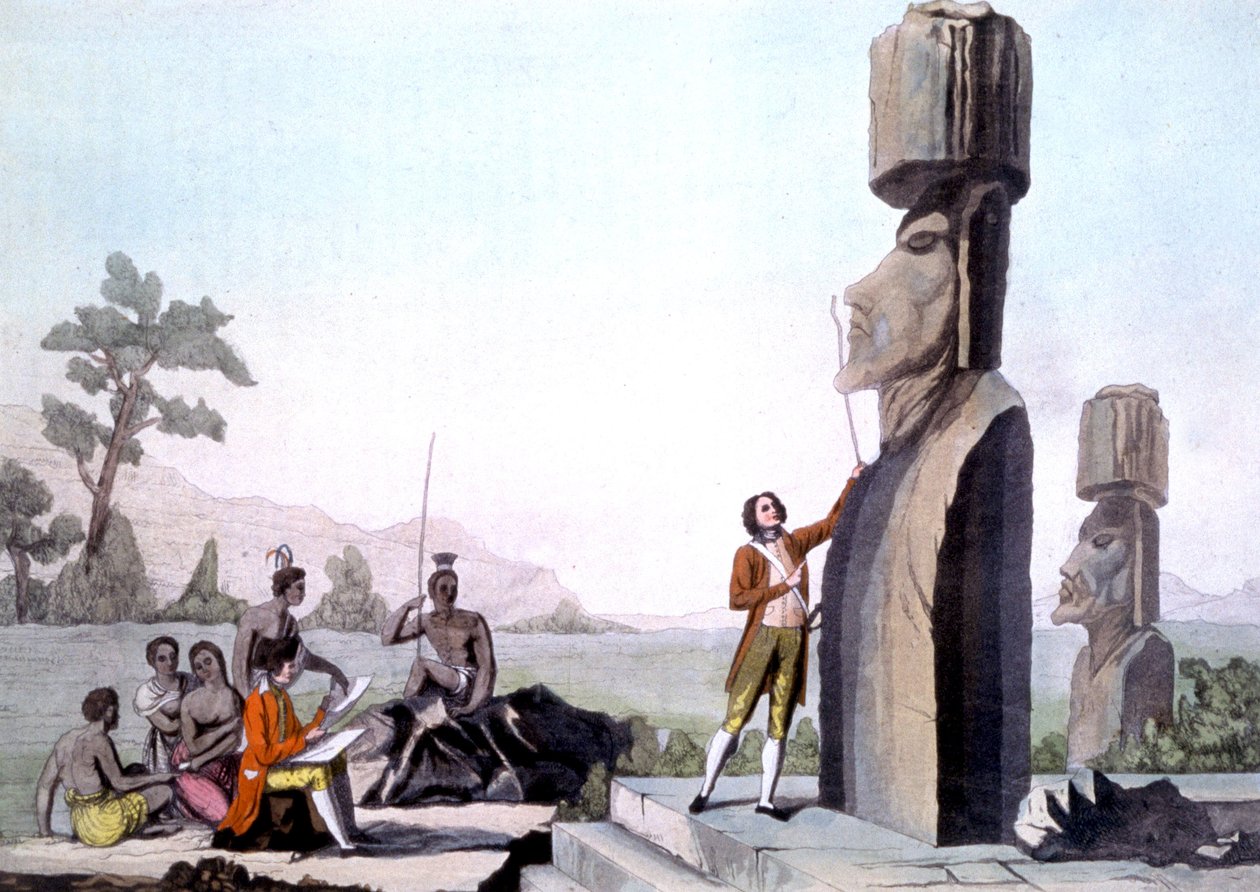 La Perouse ze swoją załogą, mierzący posągi na Wyspie Wielkanocnej (1786), grawerowanie autorstwa Gaspard (after) Duche de Vancy