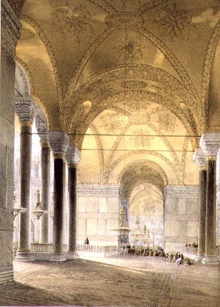 Hagia Sophia, tablica 7: wejście do nawy, ryt Louis Haghe (1806-1885) wydana 1852 (lito) autorstwa Gaspard (after) Fossati