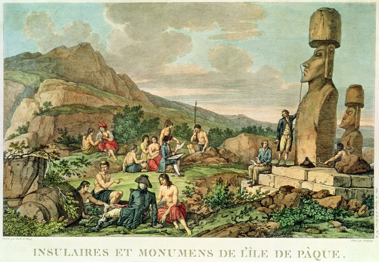 Wyspiarze i pomniki Wyspy Wielkanocnej, tablica 11 z Atlas de Voyage de La Perouse, 1785-88 (rycina) autorstwa Gaspard Duche de Vancy