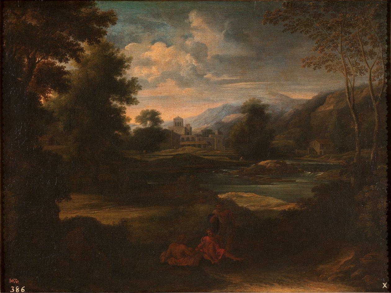 Dughet - Pejzaż z trzema postaciami, 1648-1650 autorstwa Gaspard Dughet