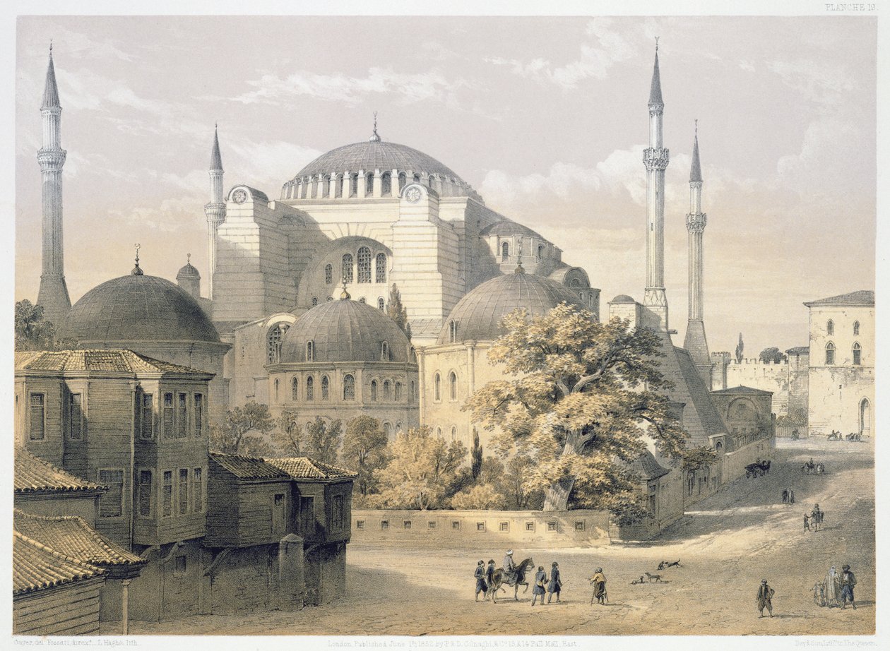 Hagia Sophia, tablica 19: widok z zewnątrz meczetu, ryt Louis Haghe (1806-1885) wydany 1852 autorstwa Gaspard Fossati