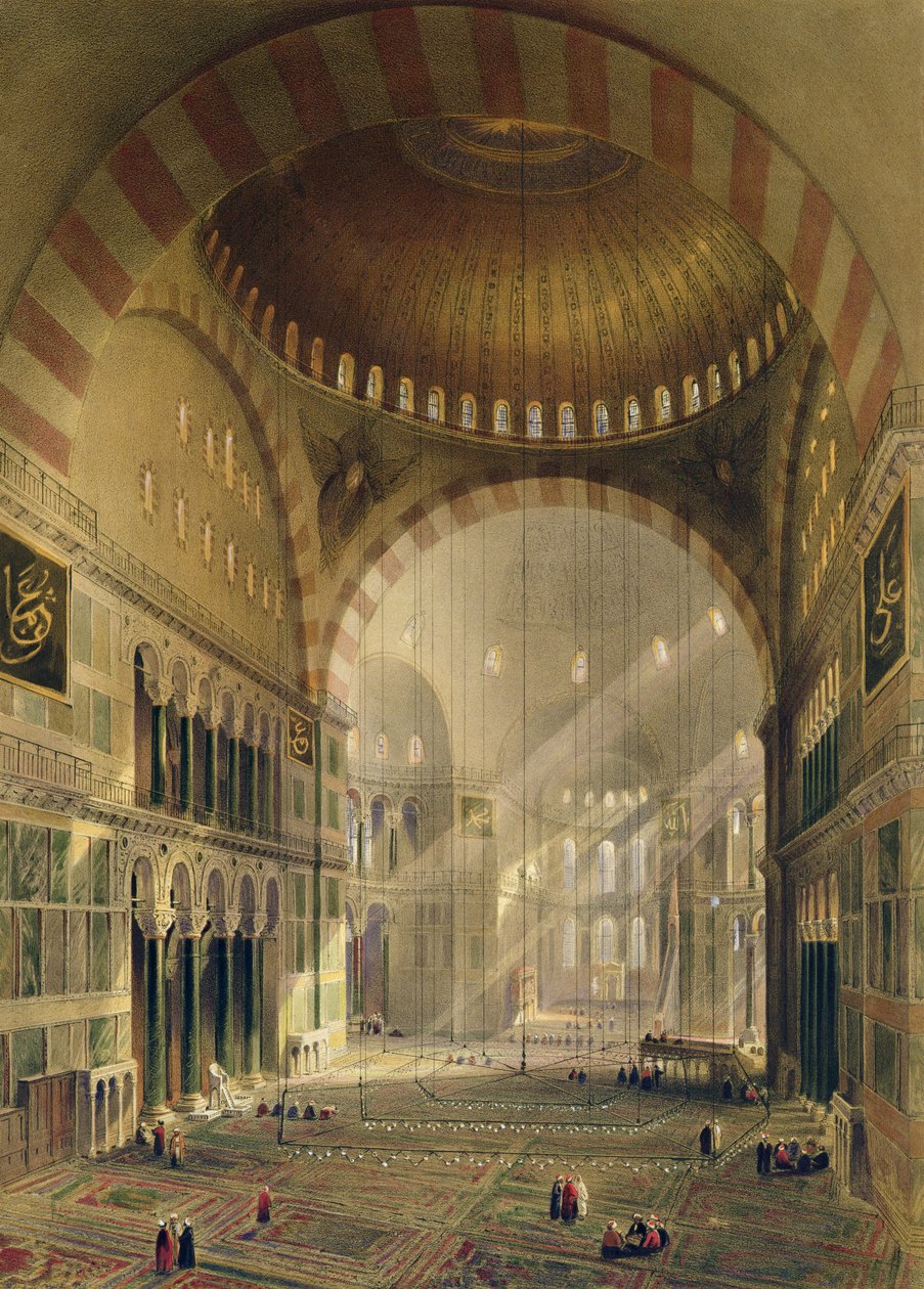 Hagia Sophia, płyta 24: wnętrze kopuły centralnej z obniżonymi żyrandolami, ryt Louis Haghe (1806-85) wydana w 1852 r. autorstwa Gaspard Fossati