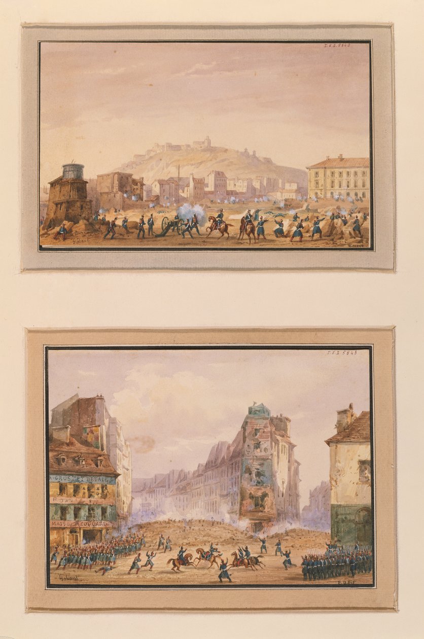 Atak na Clos Saint-Lazare w czerwcu 1848 i atak na barykadę przy wejściu do Faubourg Saint-Antoine ze śmiercią generała Francois de Negrier (1839-1913) 25 czerwca 1848 (gwasz autorstwa Gaspard Gobaut