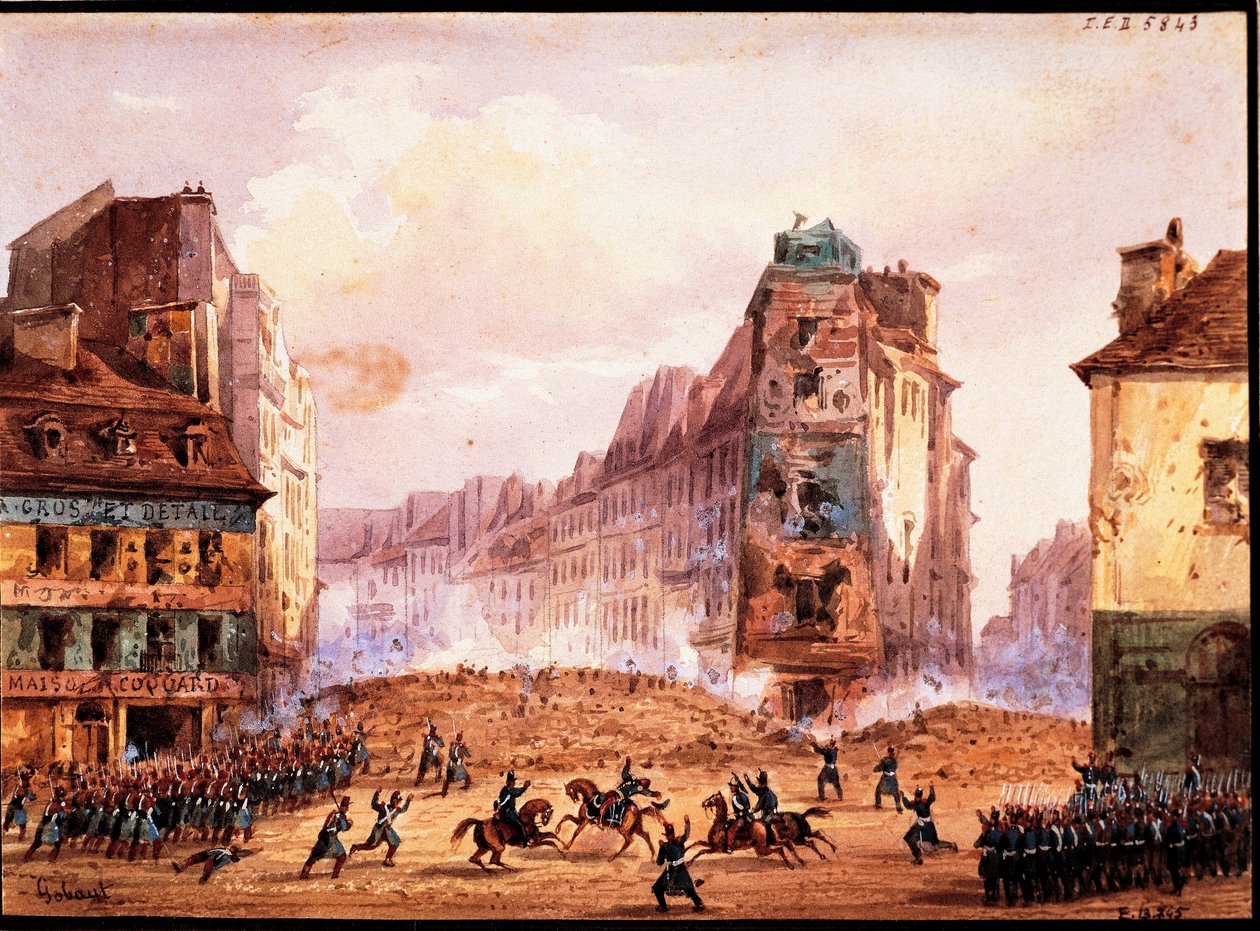 Scena z rewolucji 1848, Kultura Barykada przy ulicy Sainte Catherine w lutym, autor: Gobaut, Francja autorstwa Gaspard Gobaut