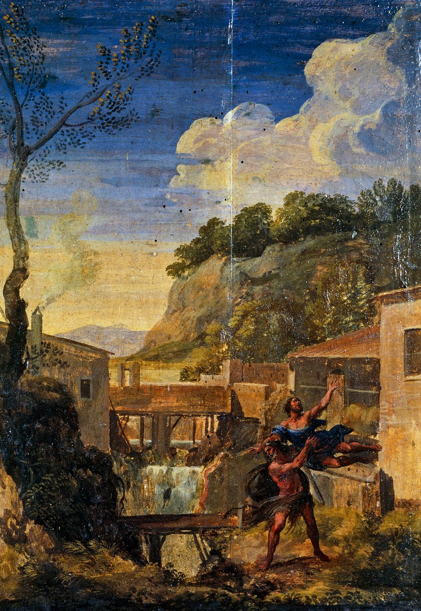 Wieś z Herkulesem i Anteuszem (olej na płótnie) autorstwa Gaspard Poussin (school of) Dughet