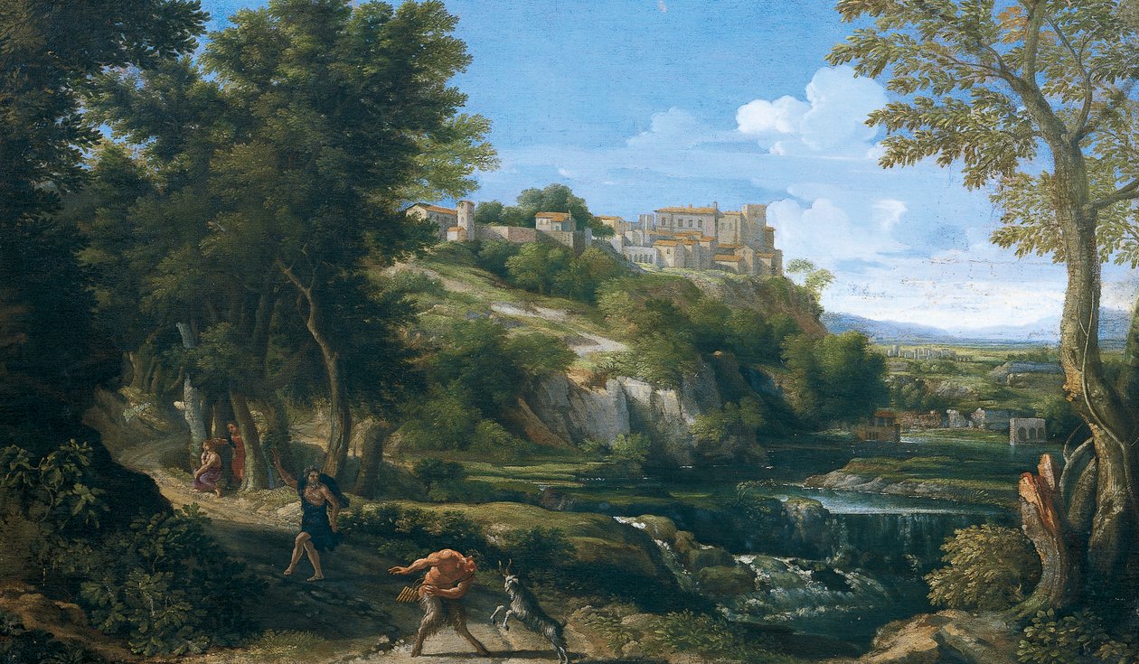 Pejzaż przedstawiający tańczącego fauna i nimfę 1667-1668, autorstwa Gasparda Dugheta (1615-1675) autorstwa Gaspard Poussin Dughet