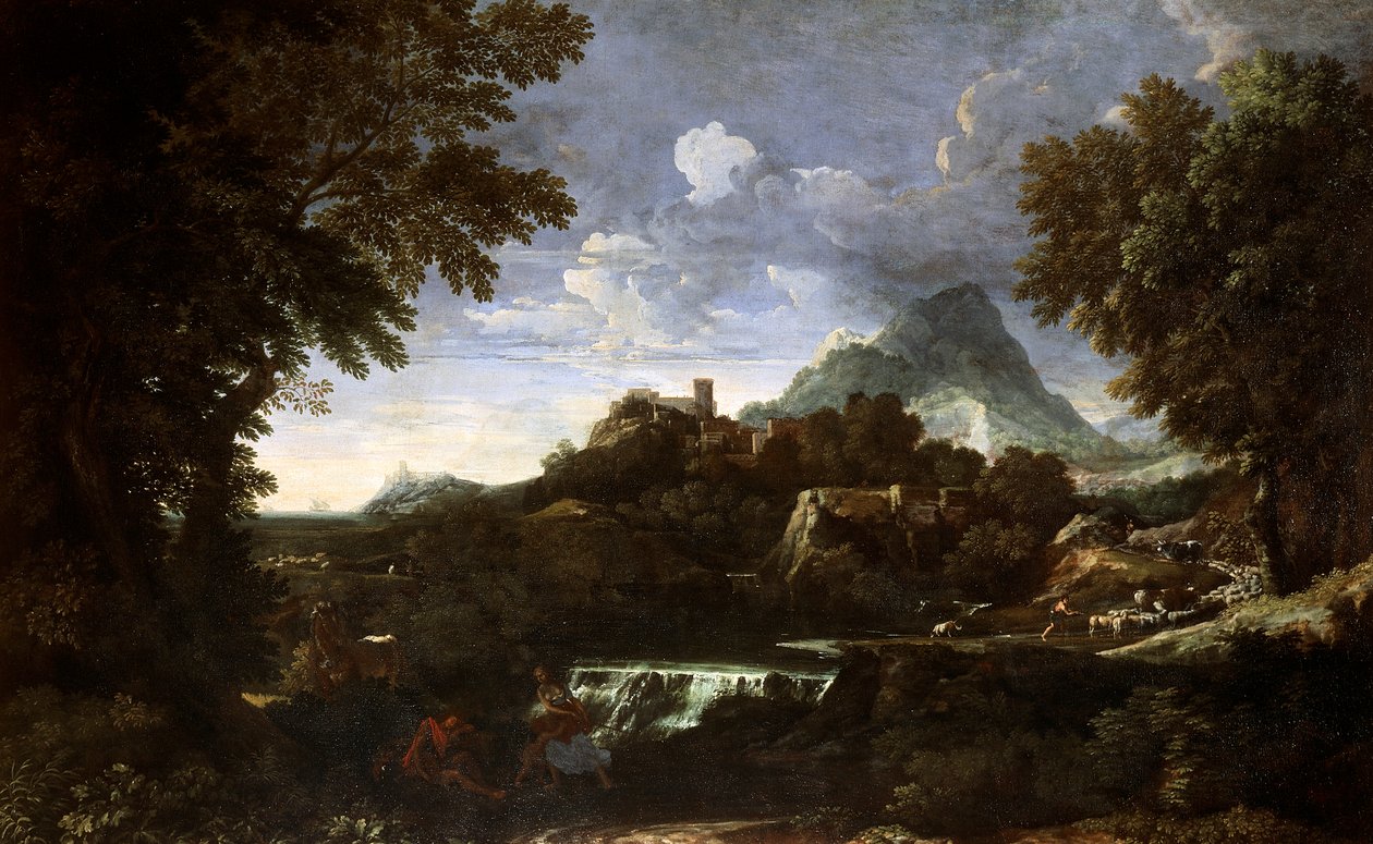 Pejzaż z Rinaldo i Armidą (Erminia i Tancredi), Gaspard Dughet (1615-1675), olej na płótnie autorstwa Gaspard Poussin Dughet