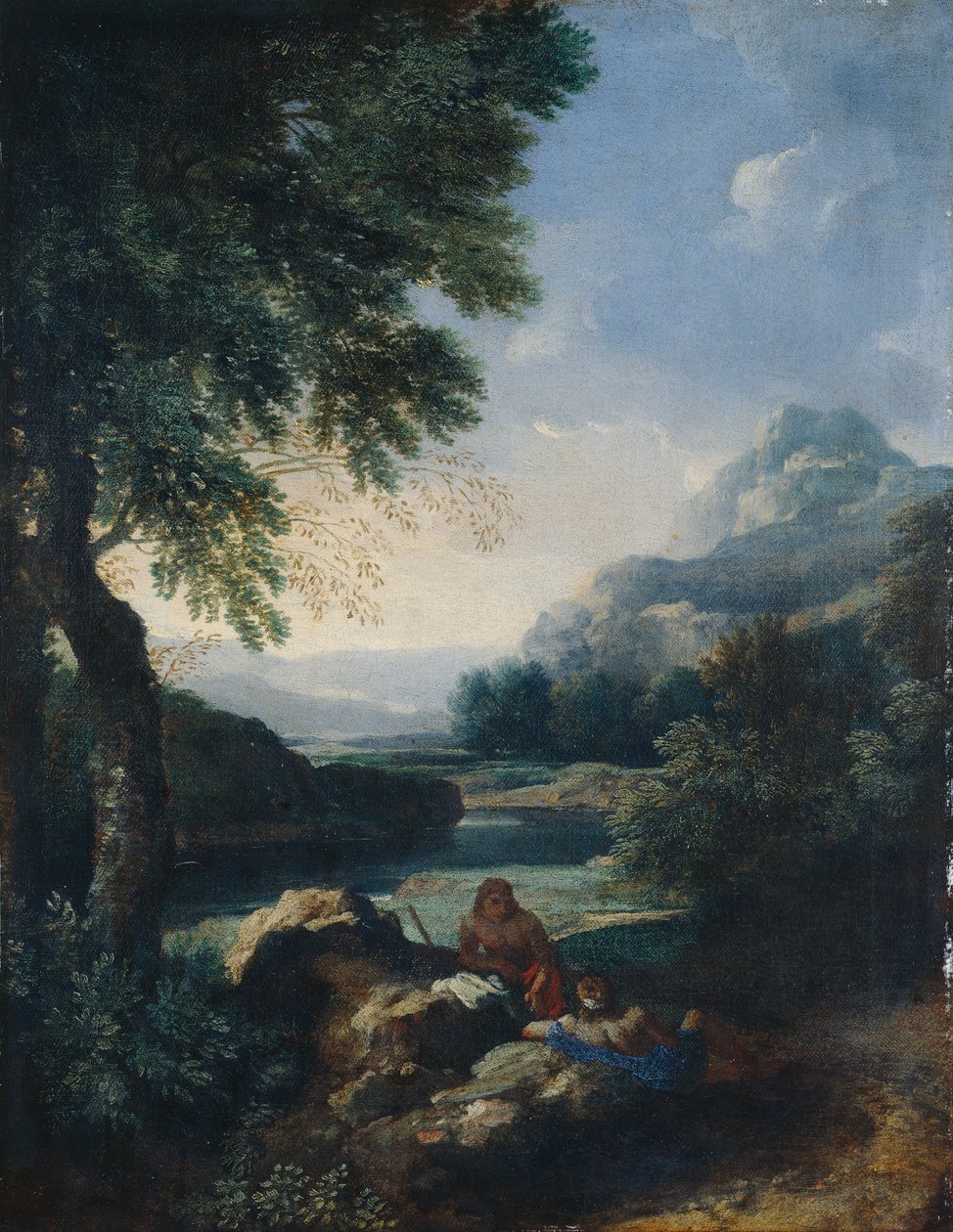 Krajobraz z pasterzami, ok. 1660 r. (olej na płótnie) autorstwa Gaspard Poussin Dughet