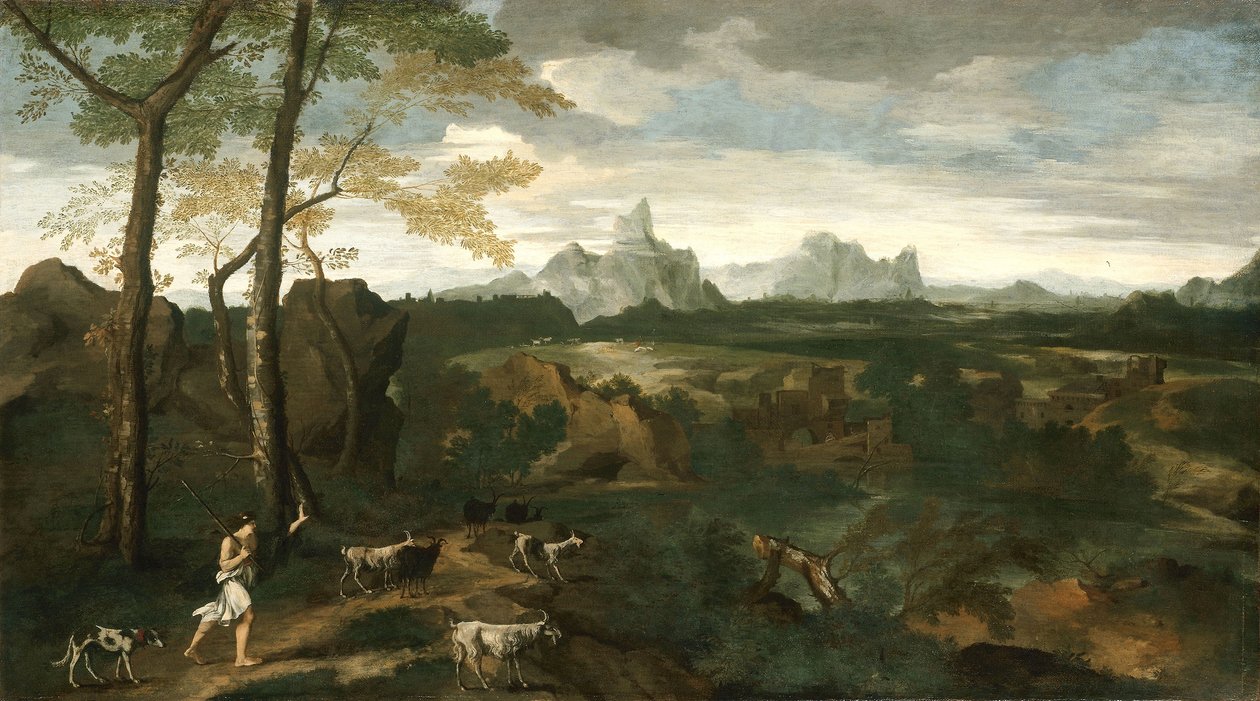 Pejzaż z pasterzem i kozami, ok. 1635 (olej na płótnie) autorstwa Gaspard Poussin Dughet