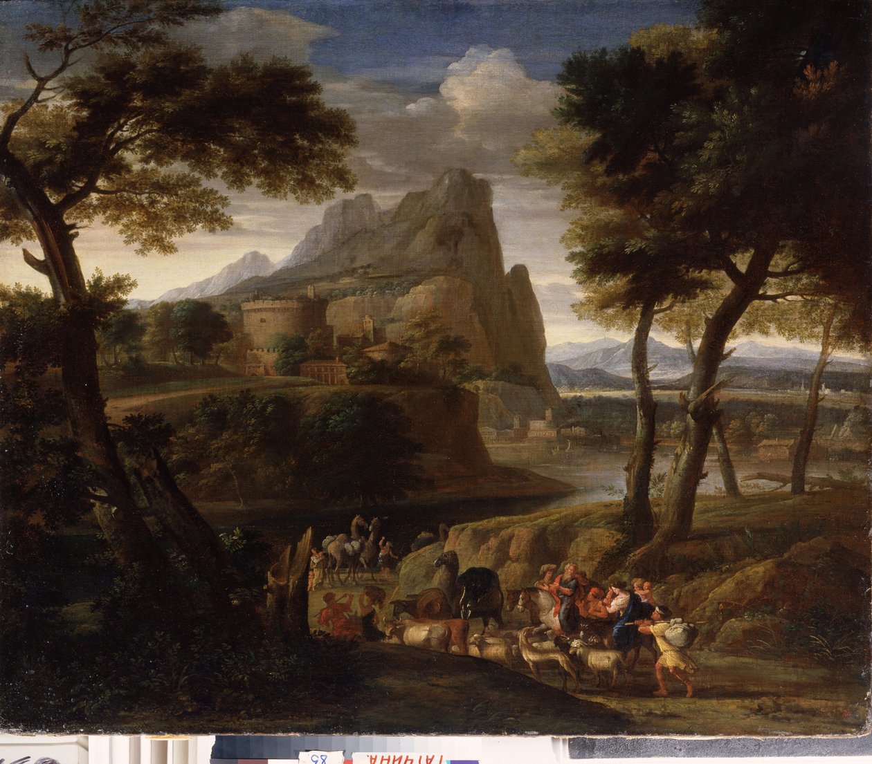 „Pejzaż z grupą podróżników” (Pejzaż z karawaną) Obraz Gasparda Dugheta (1615-1675) XVII-wieczny Państwowy Skansen Pałac Gatchina, Sankt Petersburg autorstwa Gaspard Poussin Dughet
