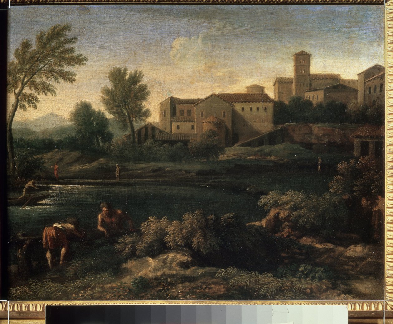 „Widok na miasto w regionie Lacjum w pobliżu Rzymu” (Małe miasteczko w Lacjum) Obraz Gasparda Dugheta (1615-1675) ok. 1660 r. Muzeum Puszkina, Moskwa autorstwa Gaspard Poussin Dughet