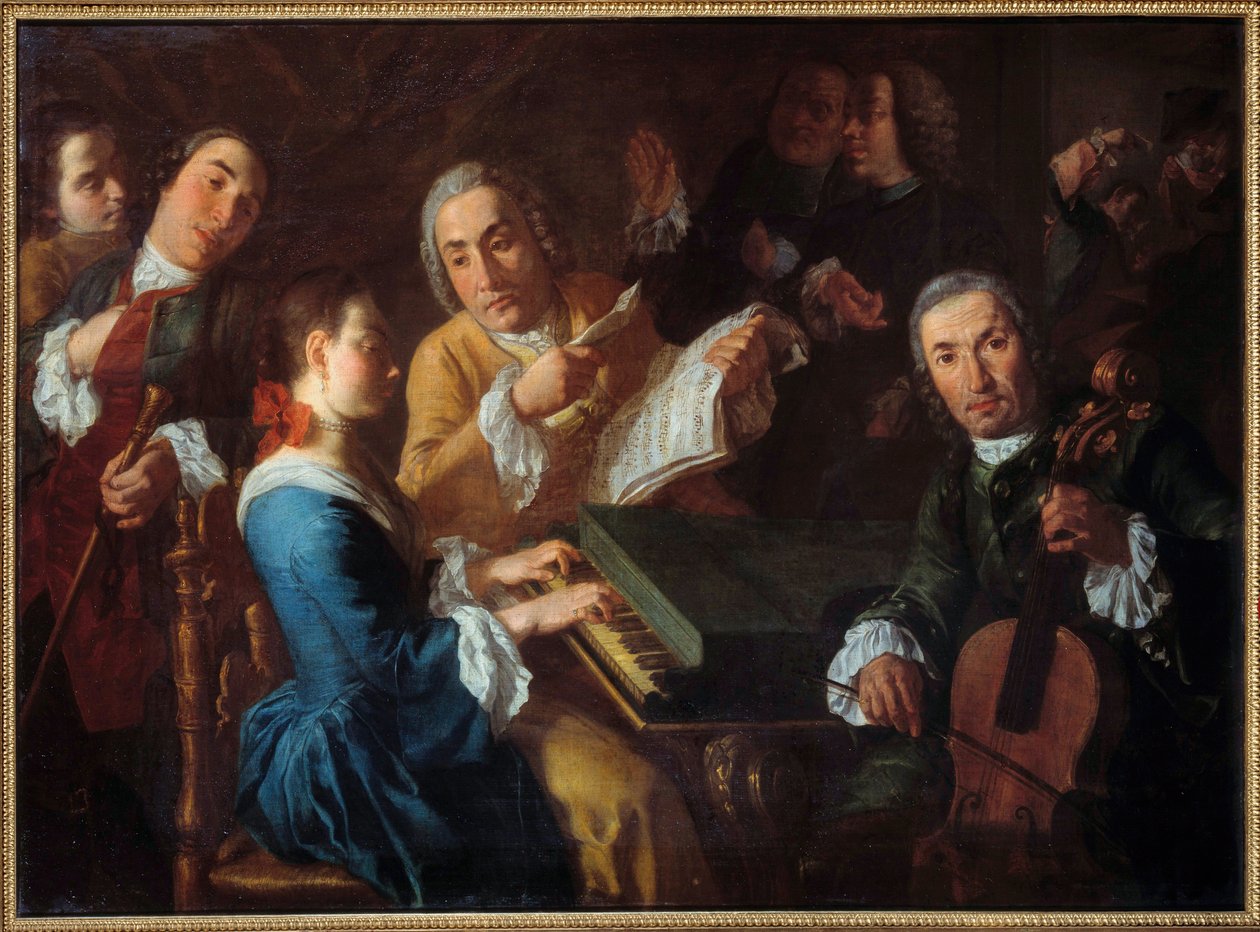 Koncert Muzyk przy klawesynie i wiolonczelista. obraz Gaspare Traversi (1722-1770) XVIII w. Niedz. 0,96x1,3 m Rouen, Musee des Beaux Arts autorstwa Gaspare Traversi
