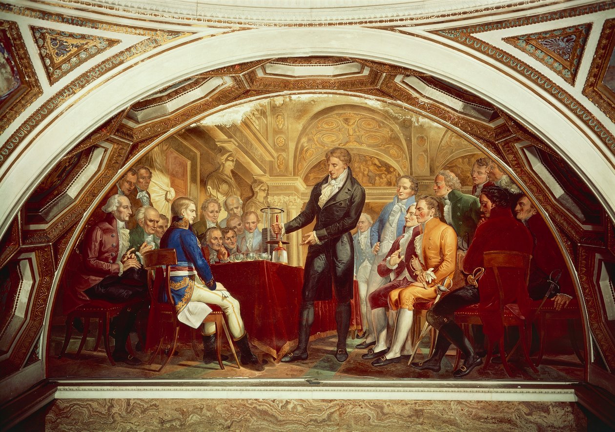 Alessandro Volta (1745-1827) prezentujący swoją nowo wynalezioną baterię Napoleonowi (1769-1821) w Institut de France w Paryżu, 7 listopada autorstwa Gaspero Martellini