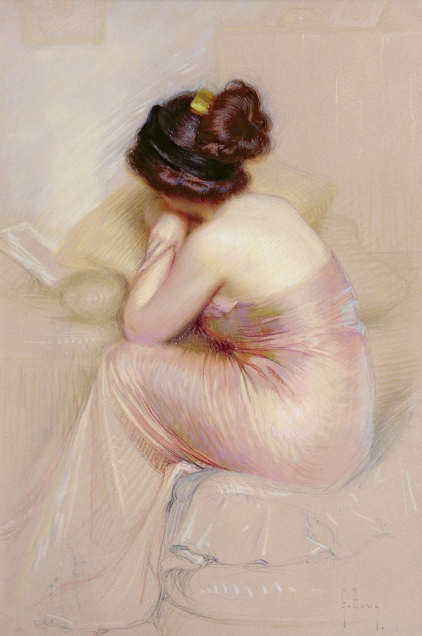 Studium młodej kobiety w satynowej sukni wieczorowej (pastel na papierze) autorstwa Gaston Bouy